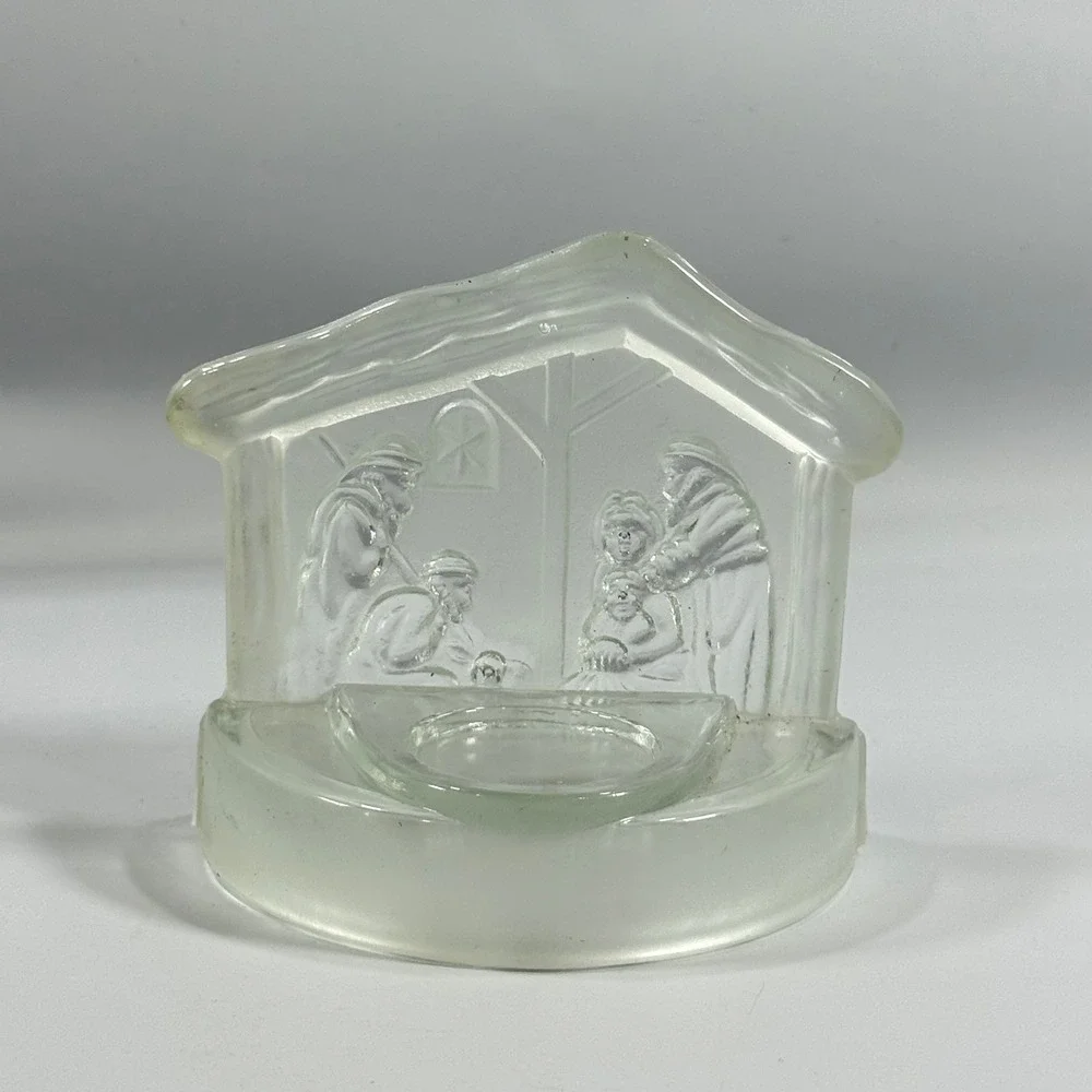 VTG Nativity Scene Votive Holder Frosted Glass Christmas Religious‎ Decor Small